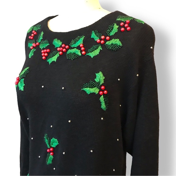 Studio Collection Vtg Embroidered Ugly Christmas Sweater Black Holly Sz M - Picture 6 of 10